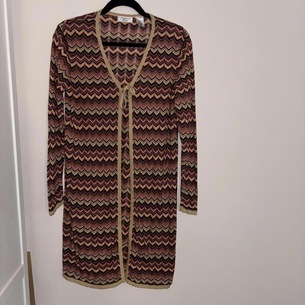 Vintage Laura Ashley Petites Silk Blend Chevron Open Front Cardigan Duster